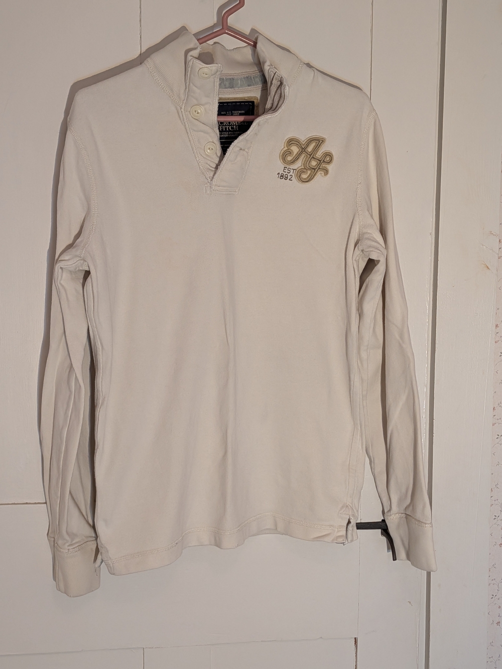 Abercrombie & Fitch Men's Cream Long-Sleeve Polo Shirt Cotton Soft Worn Style S
